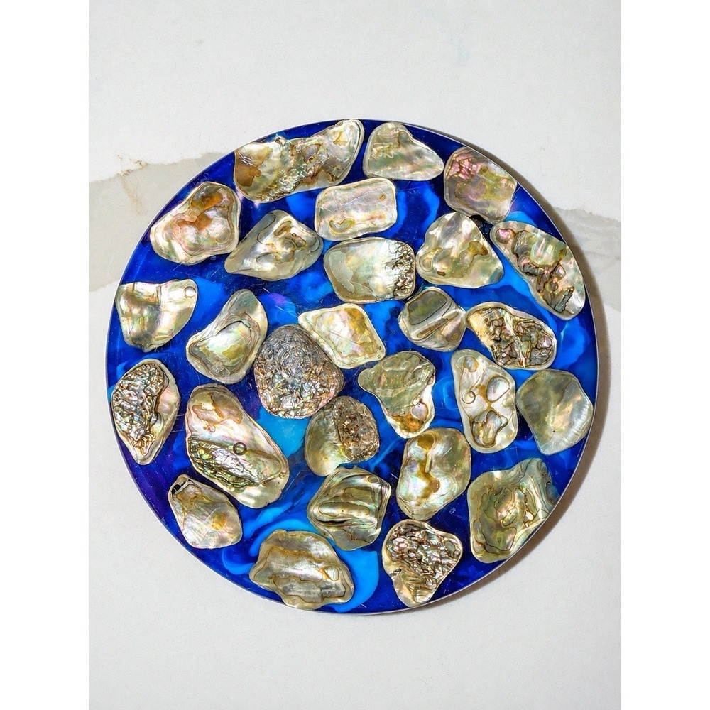 Vintage Abalone Shells Resin Acrylic Cobalt Blue Hot Plate Trivet USA 6.25"